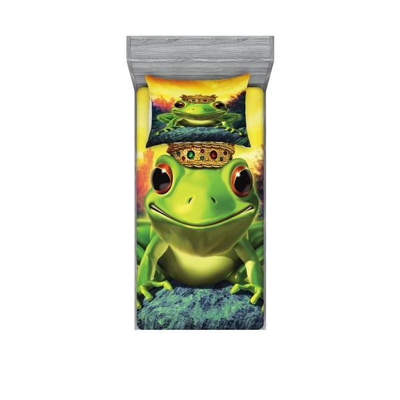 Ambesonne Animal Fitted Sheet & Pillow Sham Set, Frog Prince with Crown, Twin, Green Yellow