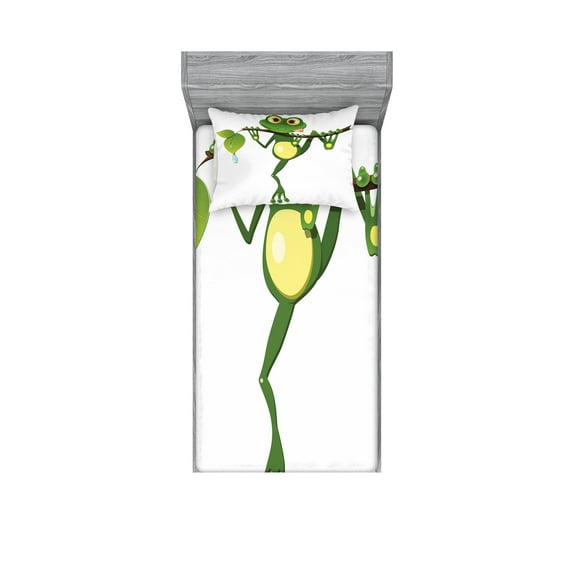 Ambesonne Animal Fitted Sheet & Pillow Sham Set, Frog on Branch Jungle, Twinxl, Green White Yellow