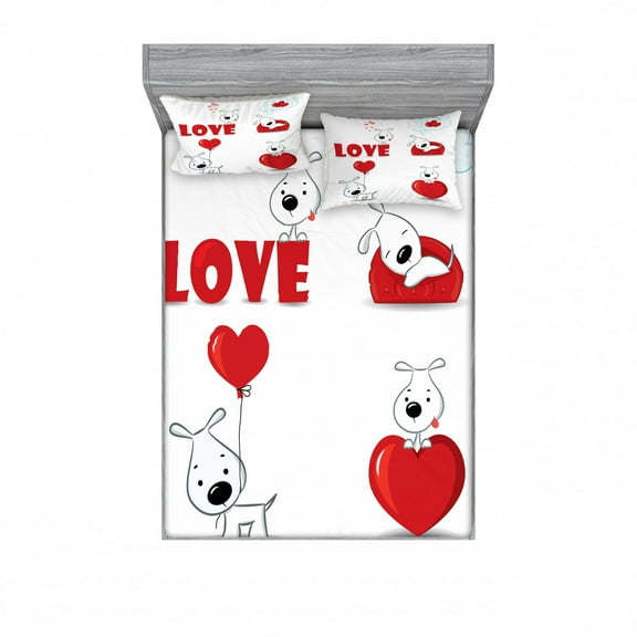 Ambesonne Animal Fitted Sheet & Pillow Sham Set, Funny Dog with Hearts, Full, Red White
