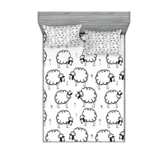 Ambesonne Animal Fitted Sheet & Pillow Sham Set, Funny Sheeps on a Meadow, Queen, Black White