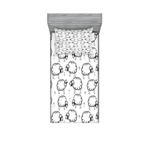 Ambesonne Animal Fitted Sheet & Pillow Sham Set, Funny Sheeps on a Meadow, Twinxl, Black White