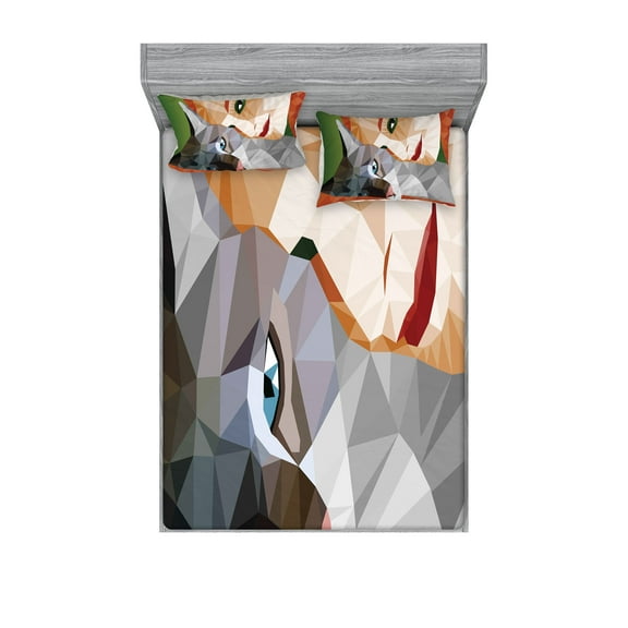 Ambesonne Animal Fitted Sheet & Pillow Sham Set, Geometric Mosaic Kitten, Full, Multicolor