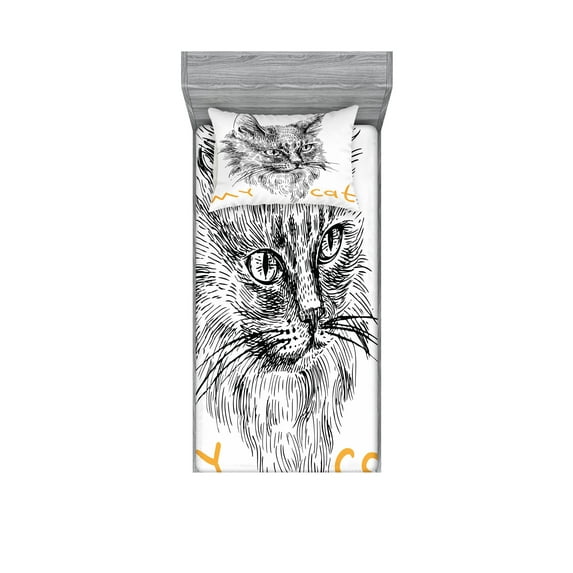 Ambesonne Animal Fitted Sheet & Pillow Sham Set, Hand Drawn Cat, Twinxl, Mustard Black and White