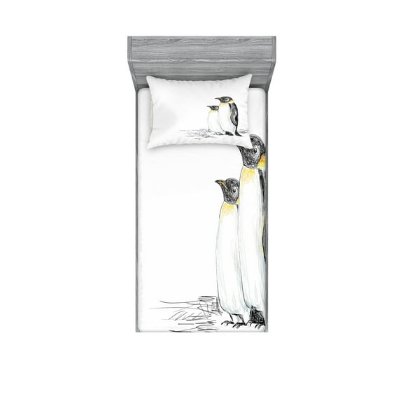 Ambesonne Animal Fitted Sheet & Pillow Sham Set, Hand Drawn Penguins Art, Twin, Black White