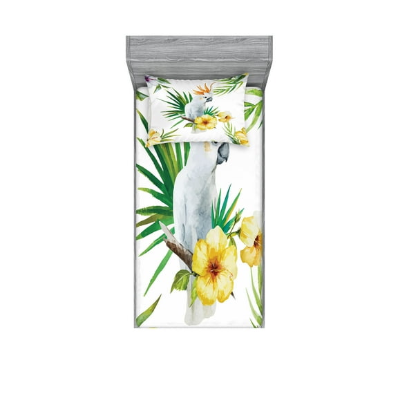Ambesonne Animal Fitted Sheet & Pillow Sham Set, Hibiscus with Wild Birds, Twin, White Yellow Green