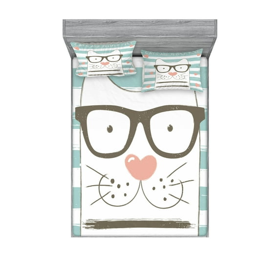 Ambesonne Animal Fitted Sheet & Pillow Sham Set, Hipster Cartoon Cat Art, Full, White Blue and Pink