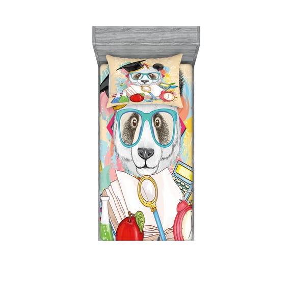 Ambesonne Animal Fitted Sheet & Pillow Sham Set, Hipster Panda in, Twinxl, Multicolor