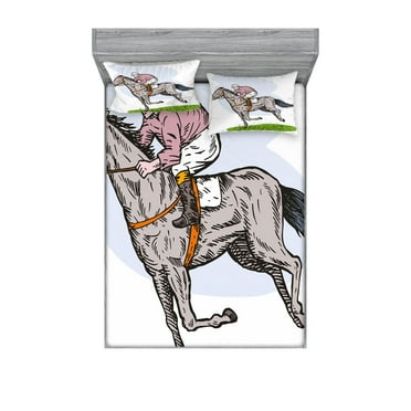 Ambesonne Animal Fitted Sheet & Pillow Sham Set, Horse Racing Sketch, Queen, Multicolor