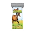 thumbnail image 1 of Ambesonne Animal Fitted Sheet & Pillow Sham Set, Horse Rural Flowers, Twinxl, Green Brown Pale Blue, 1 of 2