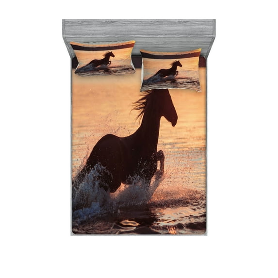 Ambesonne Animal Fitted Sheet & Pillow Sham Set, Horse Sea at Sunset, Queen, Salmon Dark Brown