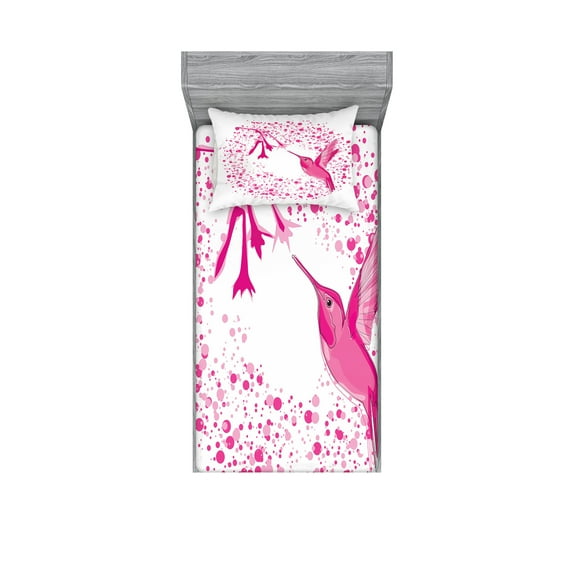 Ambesonne Animal Fitted Sheet & Pillow Sham Set, Hummingbird Flower Dots, Twin, Pink Fuchsia
