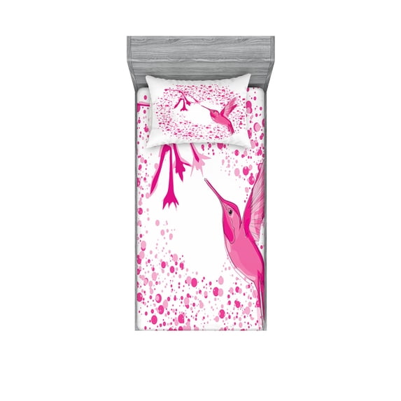 Ambesonne Animal Fitted Sheet & Pillow Sham Set, Hummingbird Flower Dots, Twinxl, Pink Fuchsia