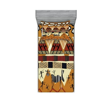 Ambesonne Animal Fitted Sheet & Pillow Sham Set, Hunt Zebra Tribe Ethnic, Twinxl, Ruby Mustard