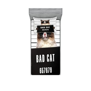 Ambesonne Animal Fitted Sheet & Pillow Sham Set, Jail Kitty Under Arrest, Twin, Brown Black White