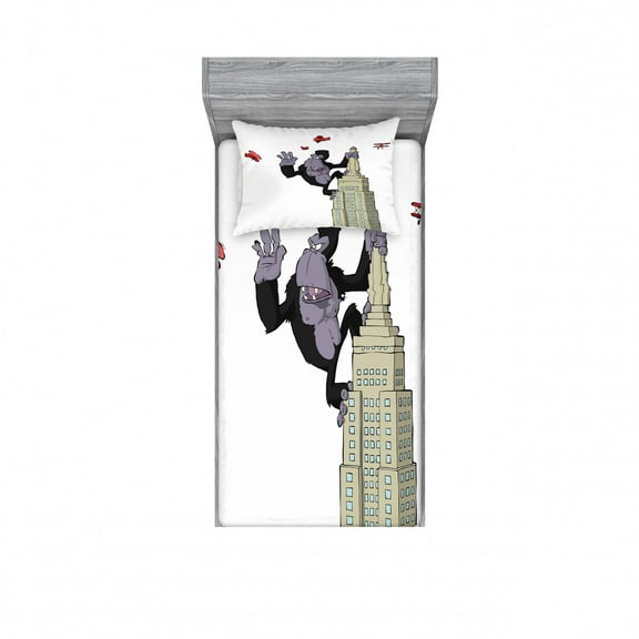 Ambesonne Animal Fitted Sheet & Pillow Sham Set, King Monkey Cartoon, Twin, Beige Black and Red