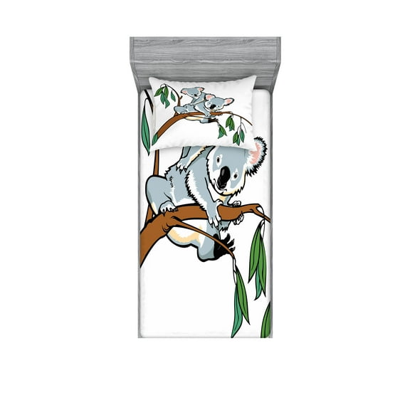Ambesonne Animal Fitted Sheet & Pillow Sham Set, Koala Eucalyptus, Twinxl, Brown Grey