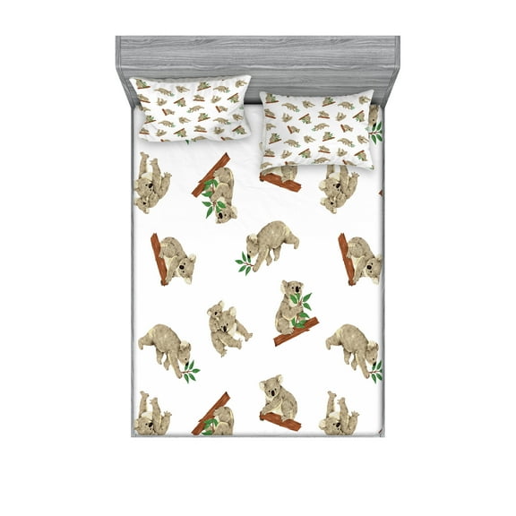 Ambesonne Animal Fitted Sheet & Pillow Sham Set, Koala Pattern, Queen, White Grey