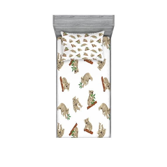 Ambesonne Animal Fitted Sheet & Pillow Sham Set, Koala Pattern, Twinxl, White Grey