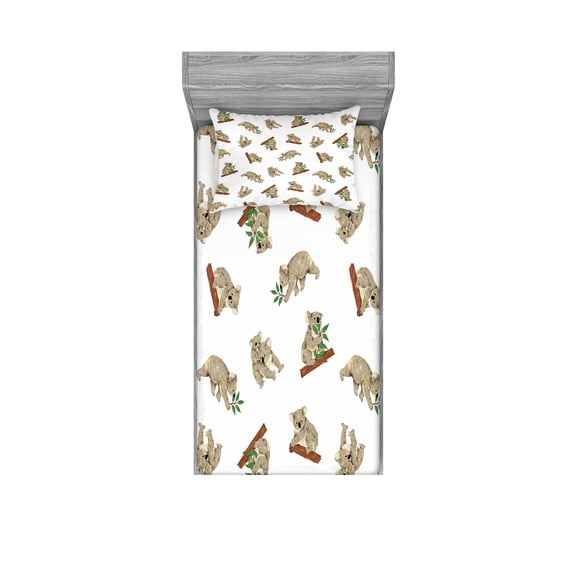 Ambesonne Animal Fitted Sheet & Pillow Sham Set, Koala Pattern, Twinxl, White Grey