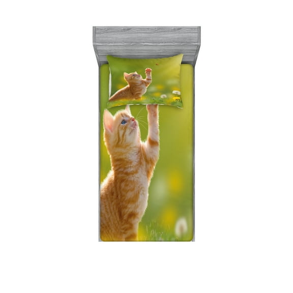 Ambesonne Animal Fitted Sheet & Pillow Sham Set, Ladybug Cats Dandelions, Twin, Earth Yellow Pale Green