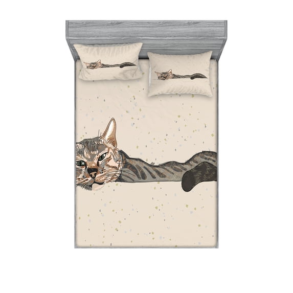 Ambesonne Animal Fitted Sheet & Pillow Sham Set, Lazt Sleepy Cat, Full, Grey Beige