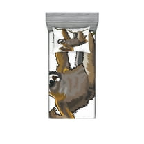 Ambesonne Animal Fitted Sheet & Pillow Sham Set, Lazy Sloth Bear Cartoon, Twin, Grey