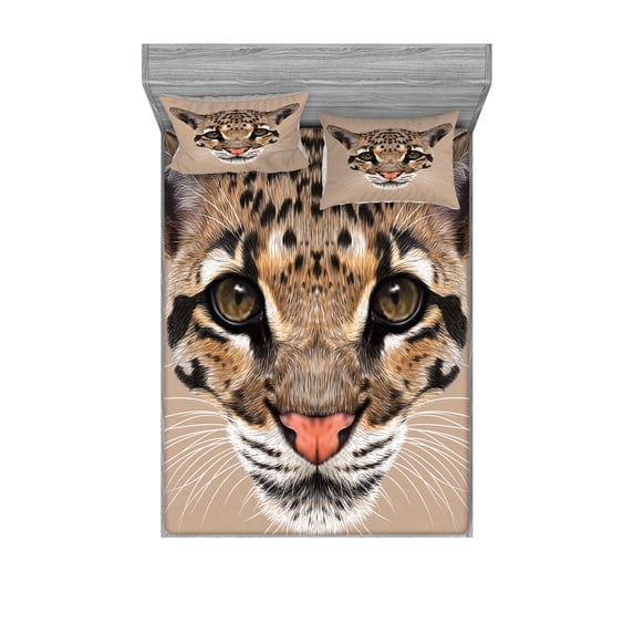 Ambesonne Animal Fitted Sheet & Pillow Sham Set, Leopard Wild, Queen, Umber Brown Cocoa