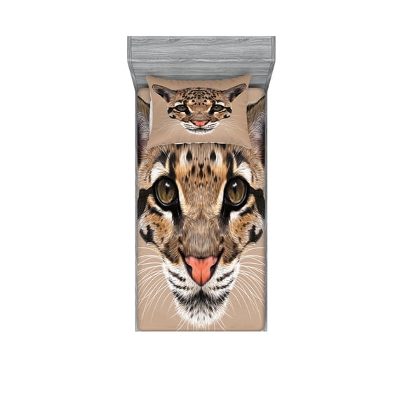 Ambesonne Animal Fitted Sheet & Pillow Sham Set, Leopard Wild, Twin, Umber Brown Cocoa