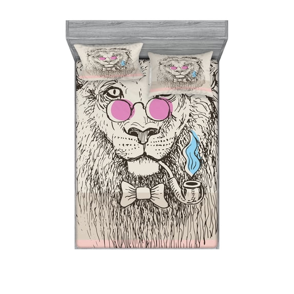 Ambesonne Animal Fitted Sheet & Pillow Sham Set, Lion Head Hipster Style, Full, Pale Blue Pale Pink