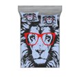 thumbnail image 1 of Ambesonne Animal Fitted Sheet & Pillow Sham Set, Lion and Hipster Glasses, Full, Blue Black Red, 1 of 2