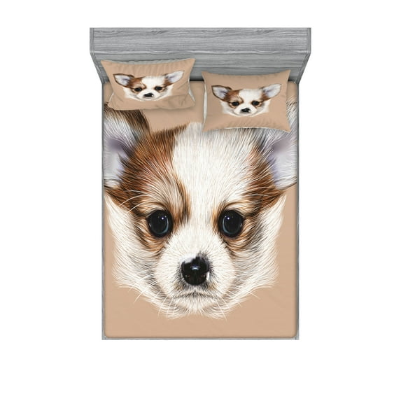 Ambesonne Animal Fitted Sheet & Pillow Sham Set, Little Furry Friend, Full, Pale Caramel Warm Taupe