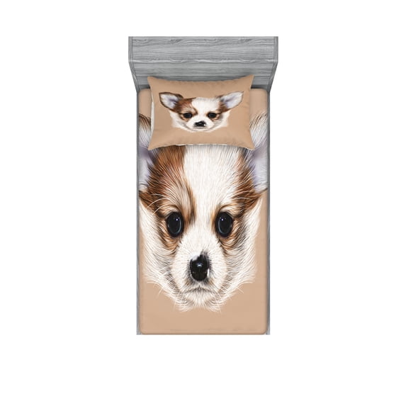 Ambesonne Animal Fitted Sheet & Pillow Sham Set, Little Furry Friend, Twin, Pale Caramel Warm Taupe