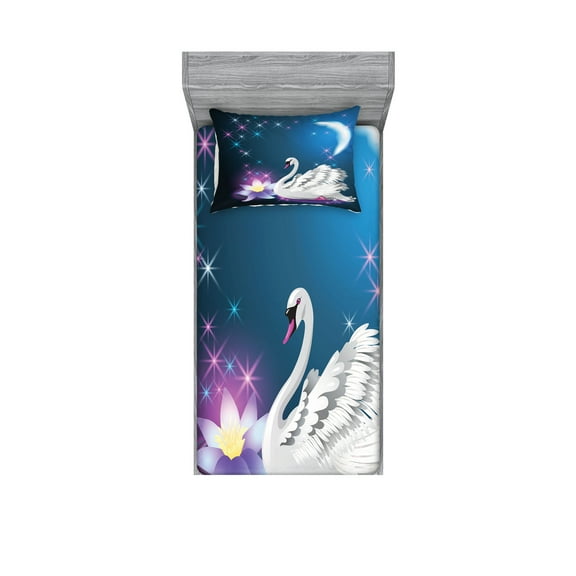 Ambesonne Animal Fitted Sheet & Pillow Sham Set, Magic Lily White Swan, Twinxl, Blue White