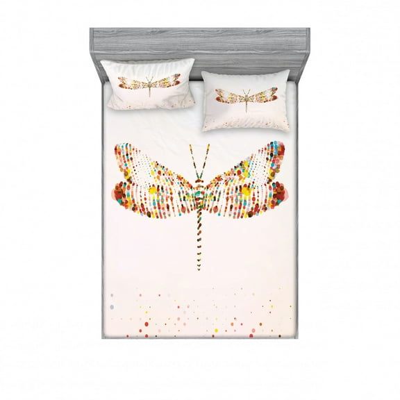 Ambesonne Animal Fitted Sheet & Pillow Sham Set, Majestic Dragonfly Art, Full, Multicolor