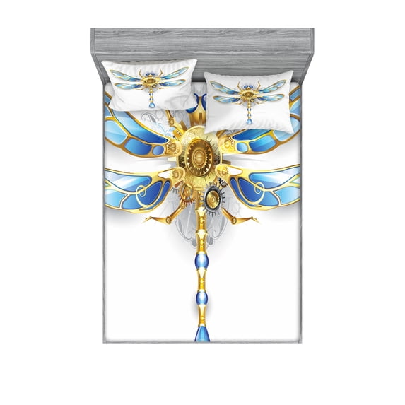 Ambesonne Animal Fitted Sheet & Pillow Sham Set, Mechanical Dragonfly, Full, Yellow Blue