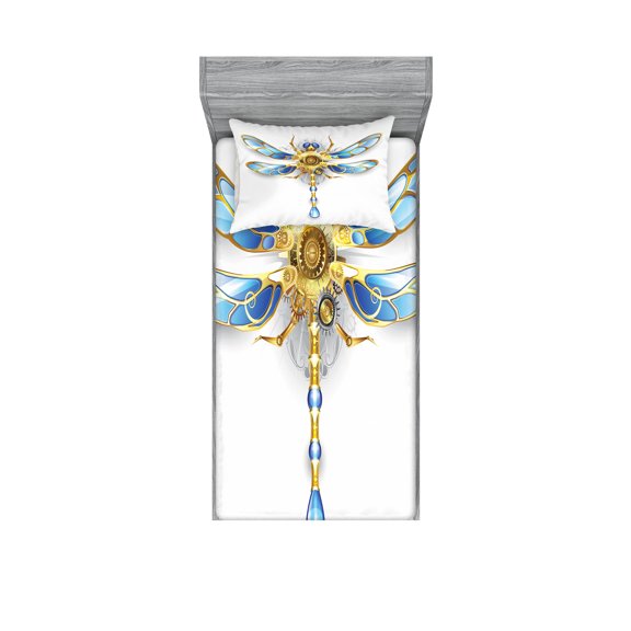 Ambesonne Animal Fitted Sheet & Pillow Sham Set, Mechanical Dragonfly, Twin, Yellow Blue