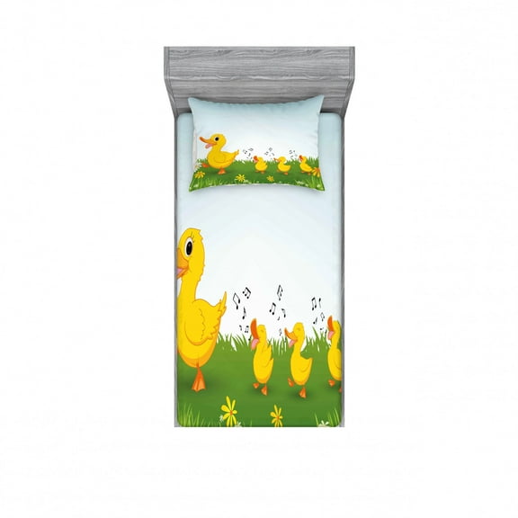 Ambesonne Animal Fitted Sheet & Pillow Sham Set, Mother Duck and, Twinxl, Pale Blue Mustard