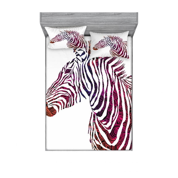 Ambesonne Animal Fitted Sheet & Pillow Sham Set, Ornamental Zebra Profile, Full, Purple Coral and Pink