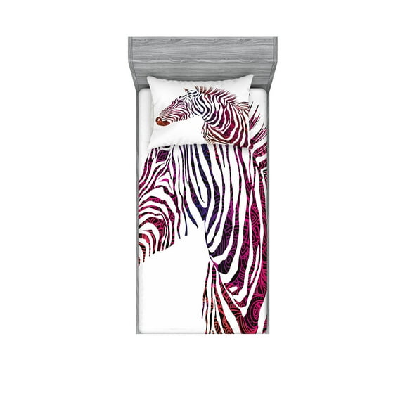 Ambesonne Animal Fitted Sheet & Pillow Sham Set, Ornamental Zebra Profile, Twinxl, Purple Coral and Pink