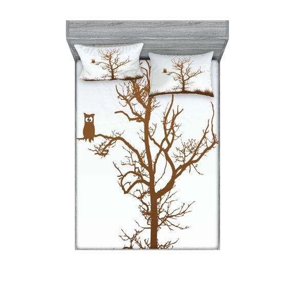 Ambesonne Animal Fitted Sheet & Pillow Sham Set, Owl Autumn Tree Branch, Queen, Chocolate Pale Blue