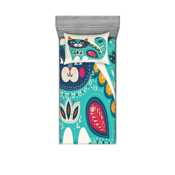 Ambesonne Animal Fitted Sheet & Pillow Sham Set, Paisley Style Cat Kitten, Twin, Multicolor