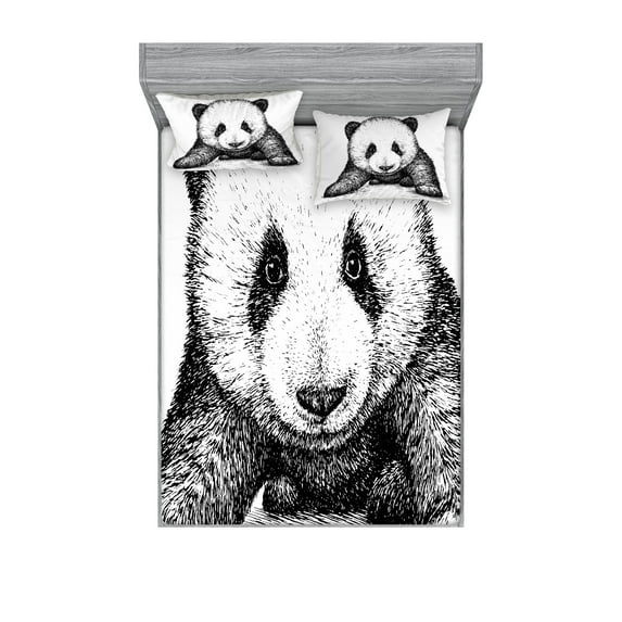 Ambesonne Animal Fitted Sheet & Pillow Sham Set, Panda Bear Sketch, Full, White Black