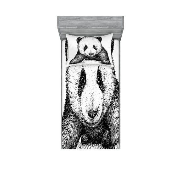 Ambesonne Animal Fitted Sheet & Pillow Sham Set, Panda Bear Sketch, Twin, White Black