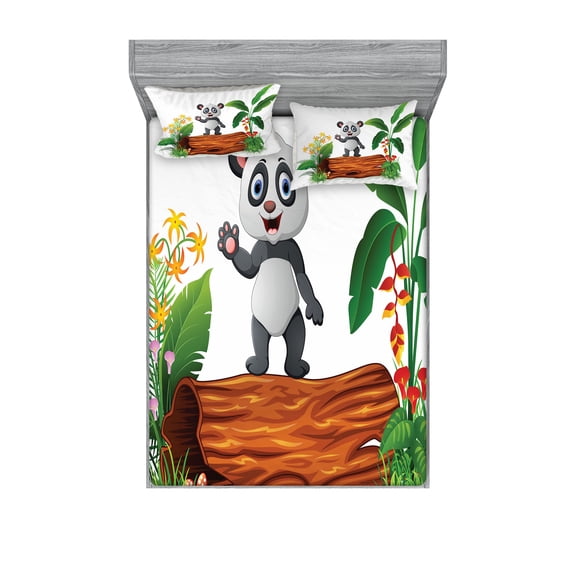 Ambesonne Animal Fitted Sheet & Pillow Sham Set, Panda Posing, Queen, Green Brown