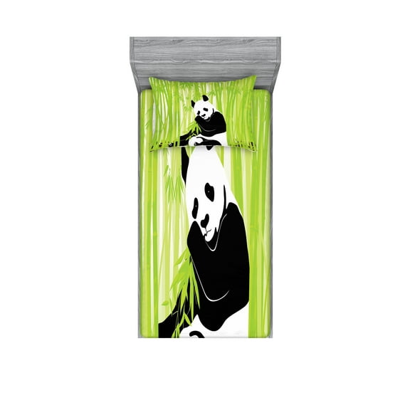 Ambesonne Animal Fitted Sheet & Pillow Sham Set, Panda in Wild Exotic Forest, Twinxl, White Black Lime