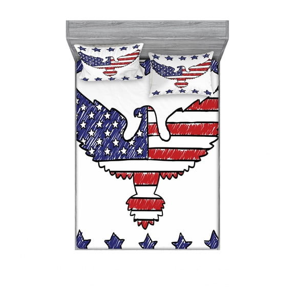 Ambesonne Animal Fitted Sheet & Pillow Sham Set, Patriotic Eagle, Full, Red Blue