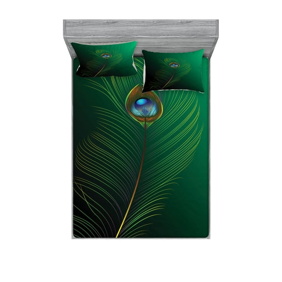 Ambesonne Animal Fitted Sheet & Pillow Sham Set, Peacock Bird Plumes, Full, Green Blue