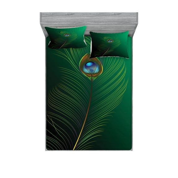 Ambesonne Animal Fitted Sheet & Pillow Sham Set, Peacock Bird Plumes, Full, Green Blue