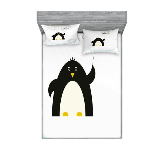 Ambesonne Animal Fitted Sheet & Pillow Sham Set, Penguin on Ice Need Help, Full, Black White and Sky Blue