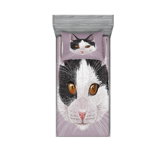 Ambesonne Animal Fitted Sheet & Pillow Sham Set, Pet Cat Kitty Portrait, Twinxl, Lilac Black White
